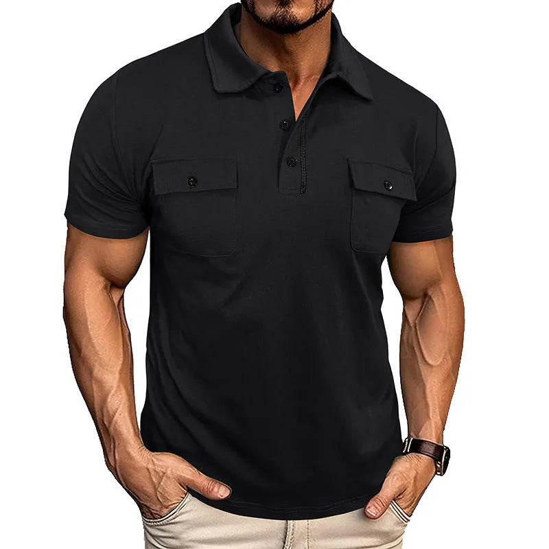 Men's short sleeve polo shirt with lapel collar, button front, and pockets in Army Green