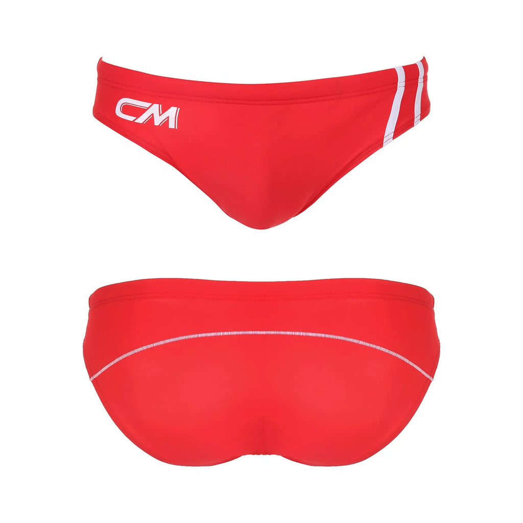 Men's printed nylon bikini swim trunks on a white background showing colour options.