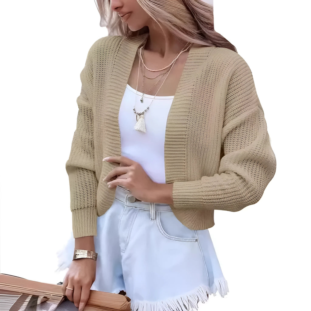 Women's solid colour knitted cardigan in camel with long sleeves and open front cape style