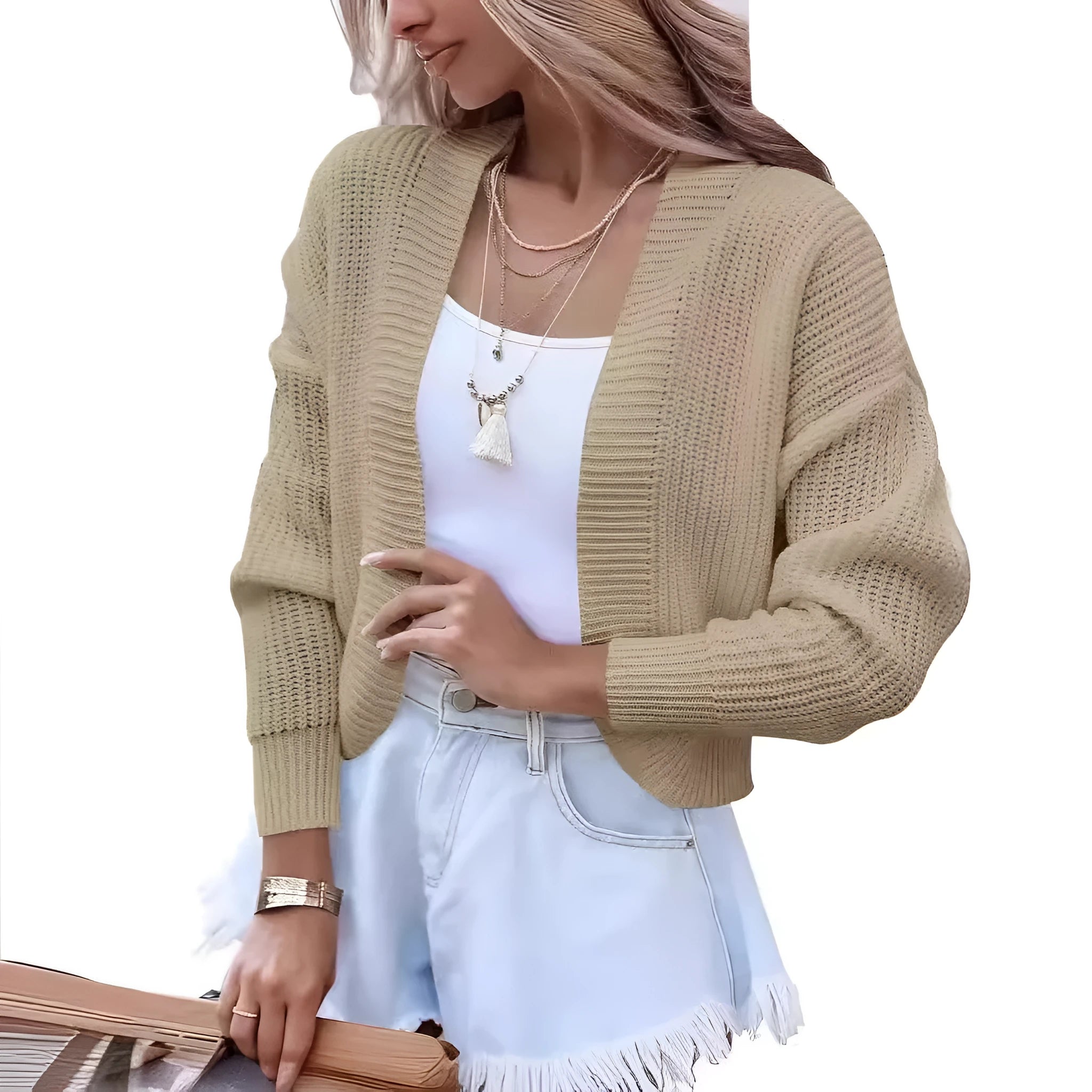 Women's solid colour knitted cardigan in camel with long sleeves and open front cape style