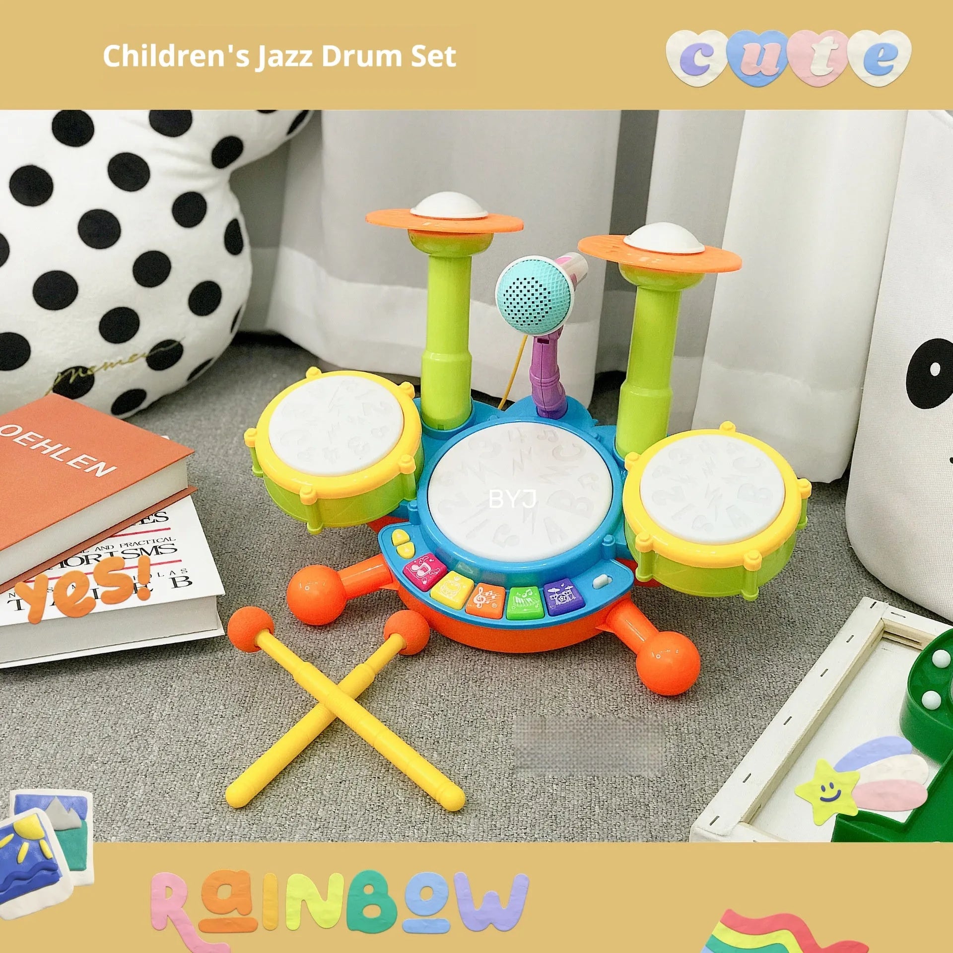 Yellow plastic hand tapping electronic drum toy for infants 0-3 years white box packaging