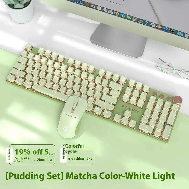 Matcha green 87-key mechanical gaming keyboard with aluminium frame and white backlighting on a desk.
