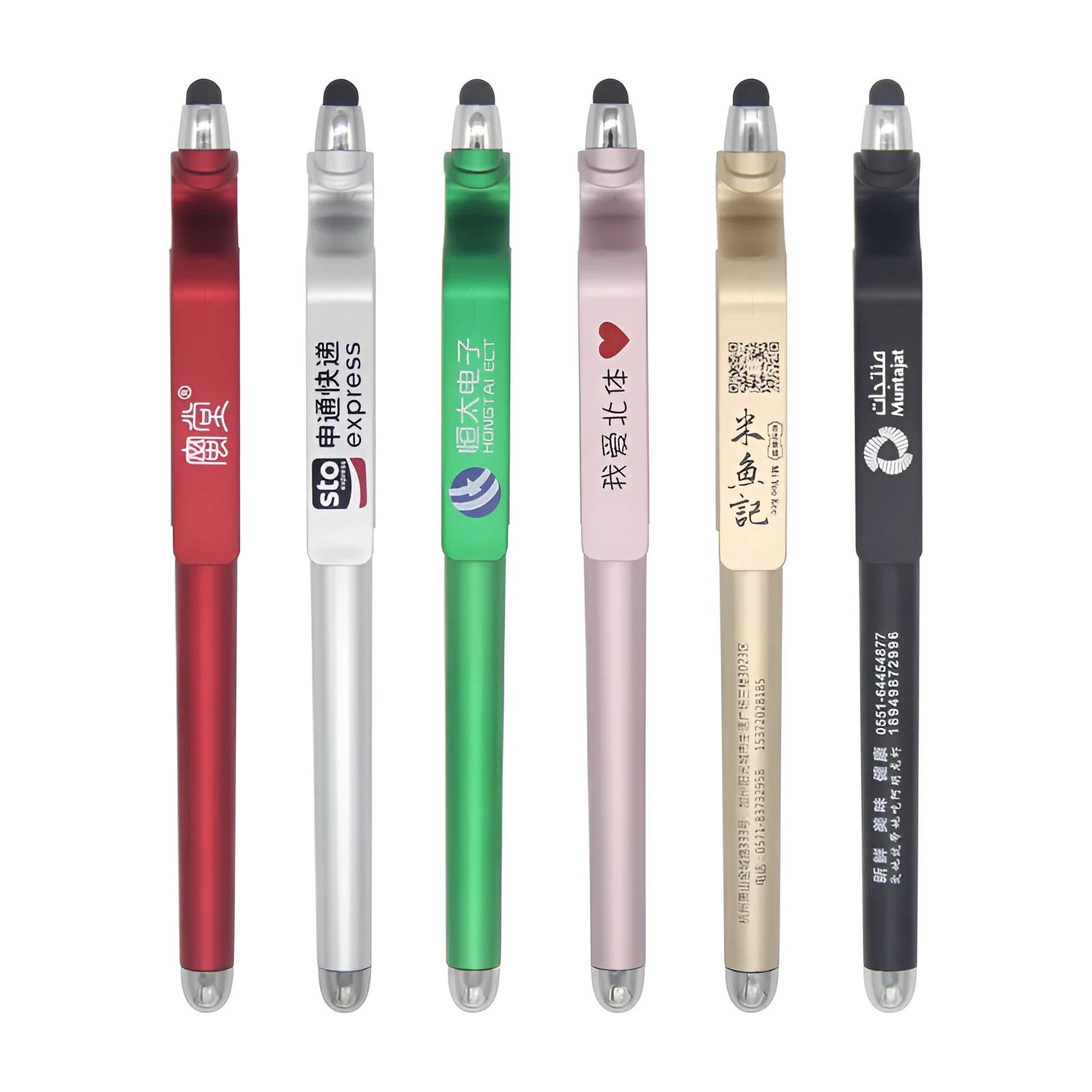 Black and blue multifunctional touchscreen pen with built-in phone holder, showing 0.5mm tip.
