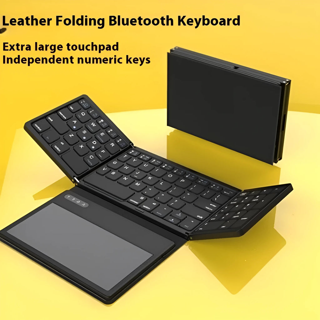 Black B055 Bluetooth folding keyboard, business leather style, unfolded and folded dimensions, Type-C interface
