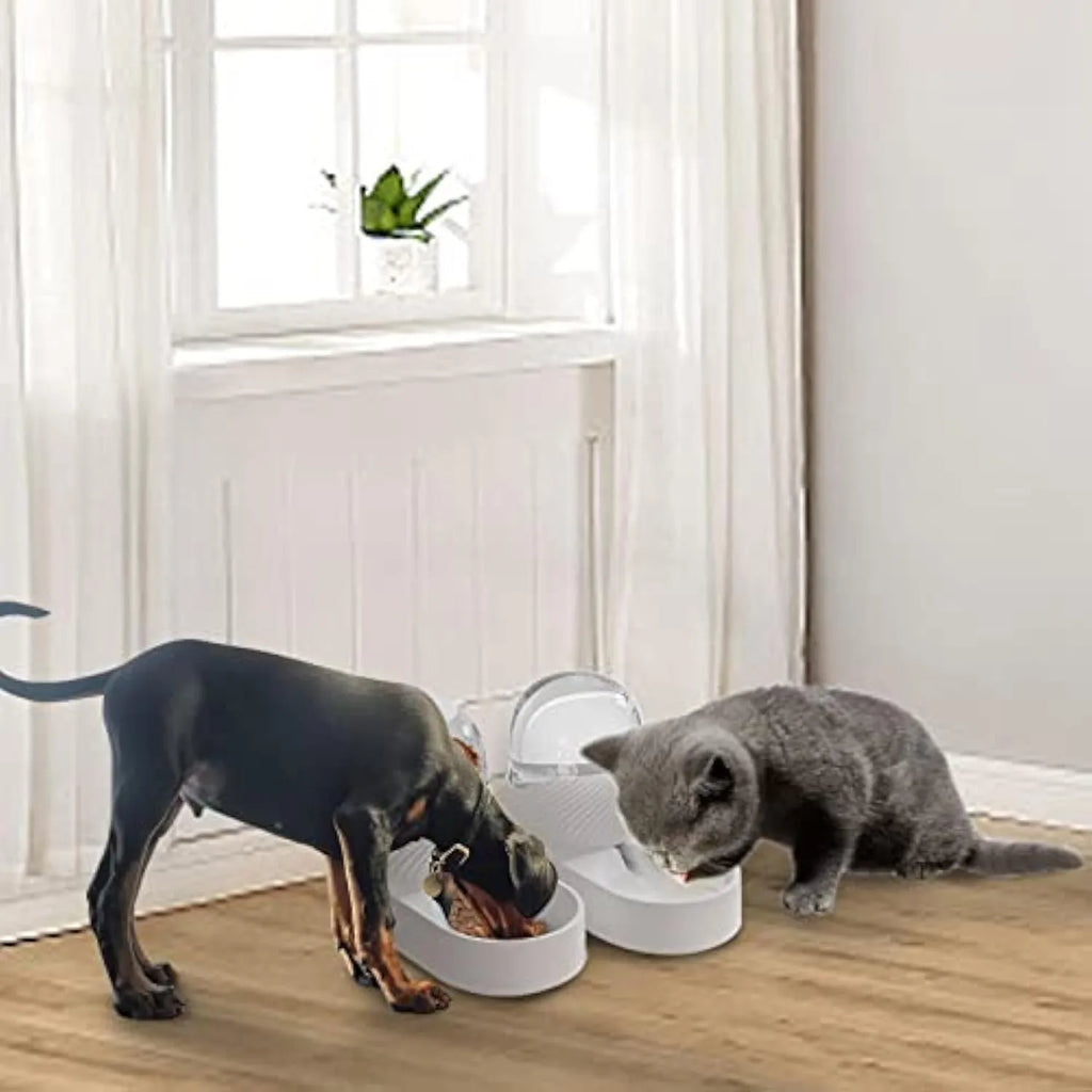 White gravity cat feeder and water dispenser set with wave design on a table.