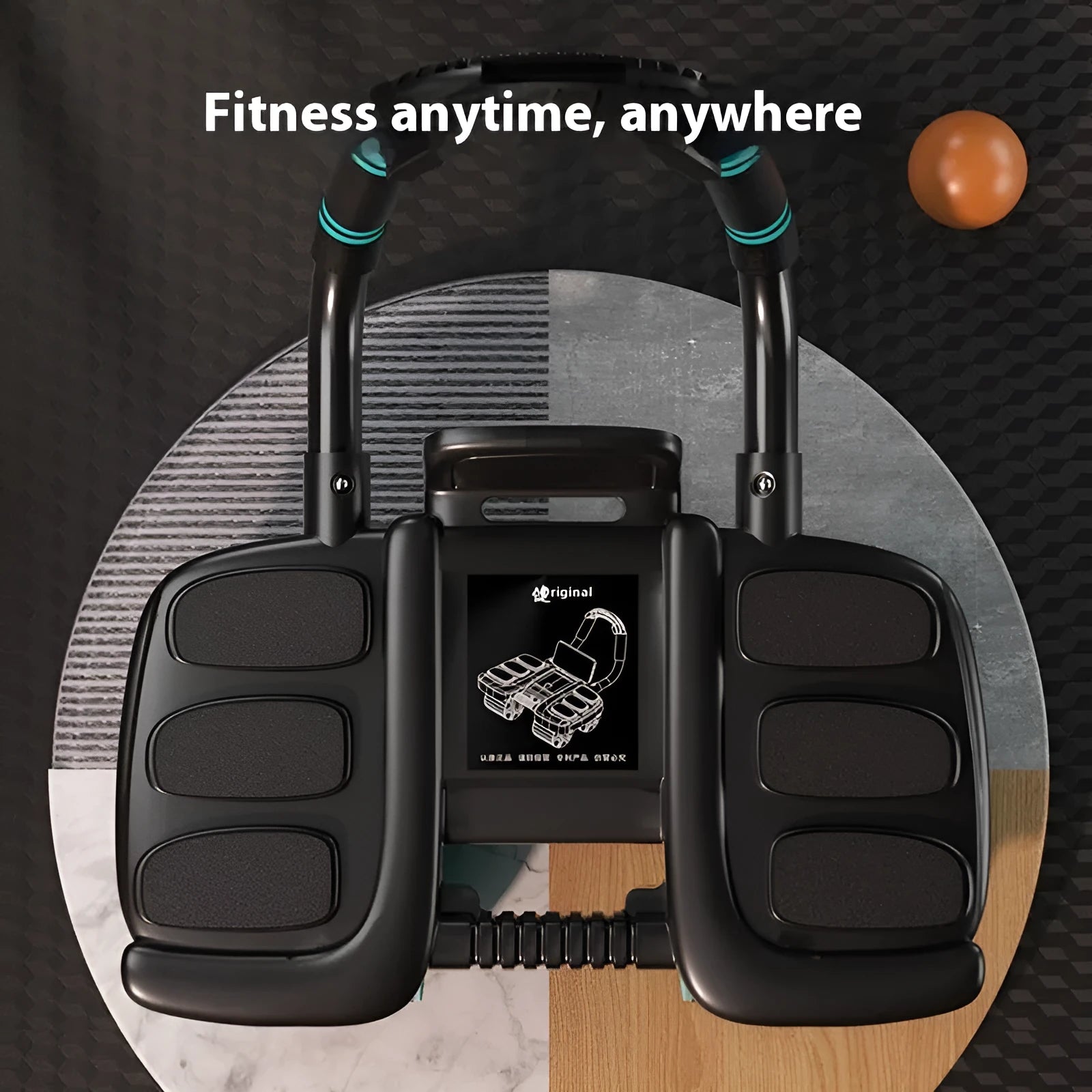 Orange four-wheel abdominal roller with elbow support pads and automatic rebound mechanism.
