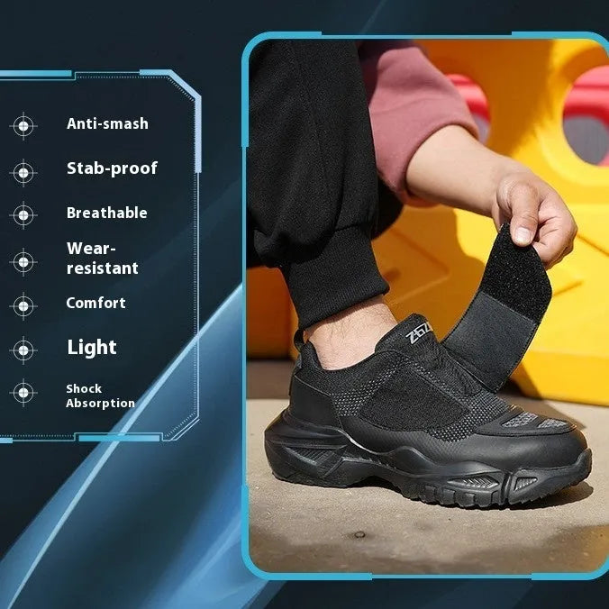 Black safety work shoe with steel toe cap, felt buckle, and anti-puncture sole for industrial use.