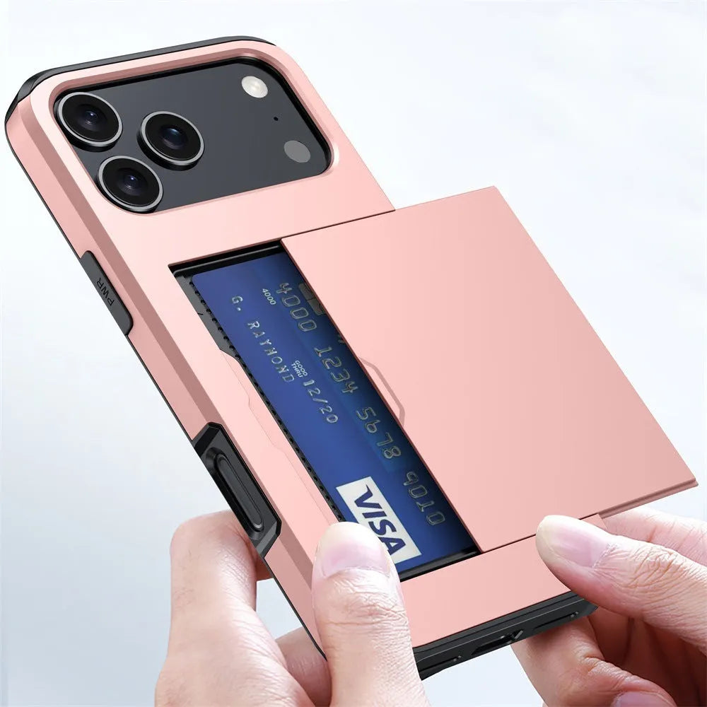 Apple iPhone sliding cover card case in Army Green showing card slots and protective construction