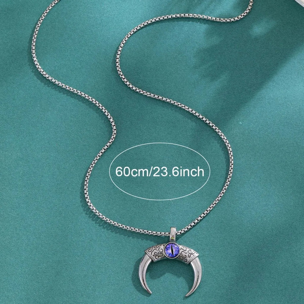 Mighty Bull Horn Devil's Eye Alloy Clavicle Chain necklace, metal pendant on display