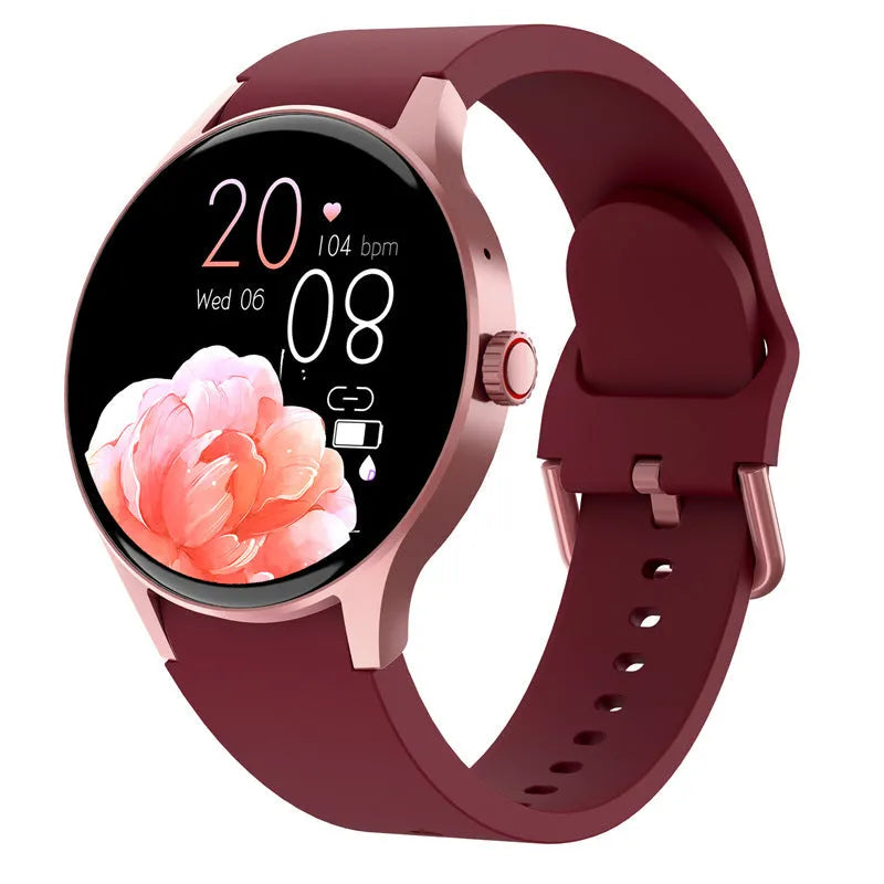 46mm diameter smart sport watch with round touchscreen displayed in black, blue, pink, or red colour options