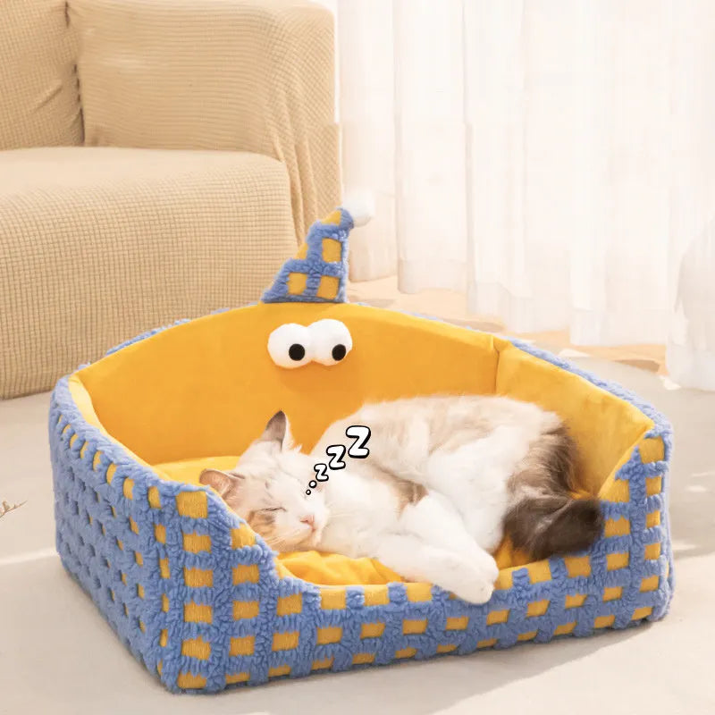 Triangular pet sleeping nest with removable cushion in green, purple and yellow colour options