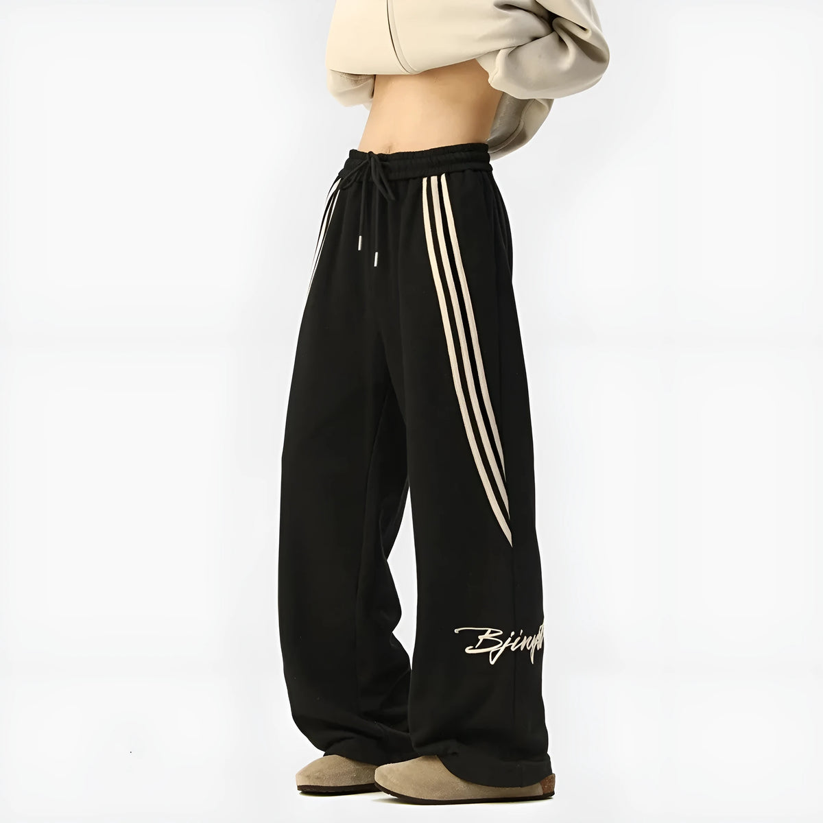 Men's striped loose straight-leg casual pants in black, white gray, or navy blue, sizes M to XXXL.