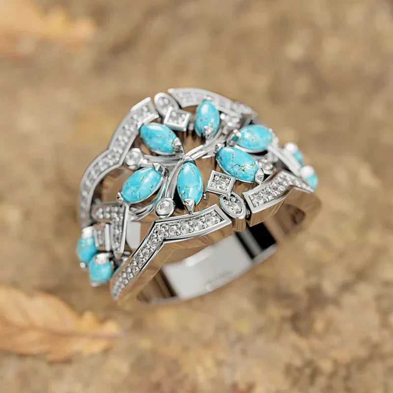 Women's retro copper ring with inlaid zircon in White Gold finish geometric design