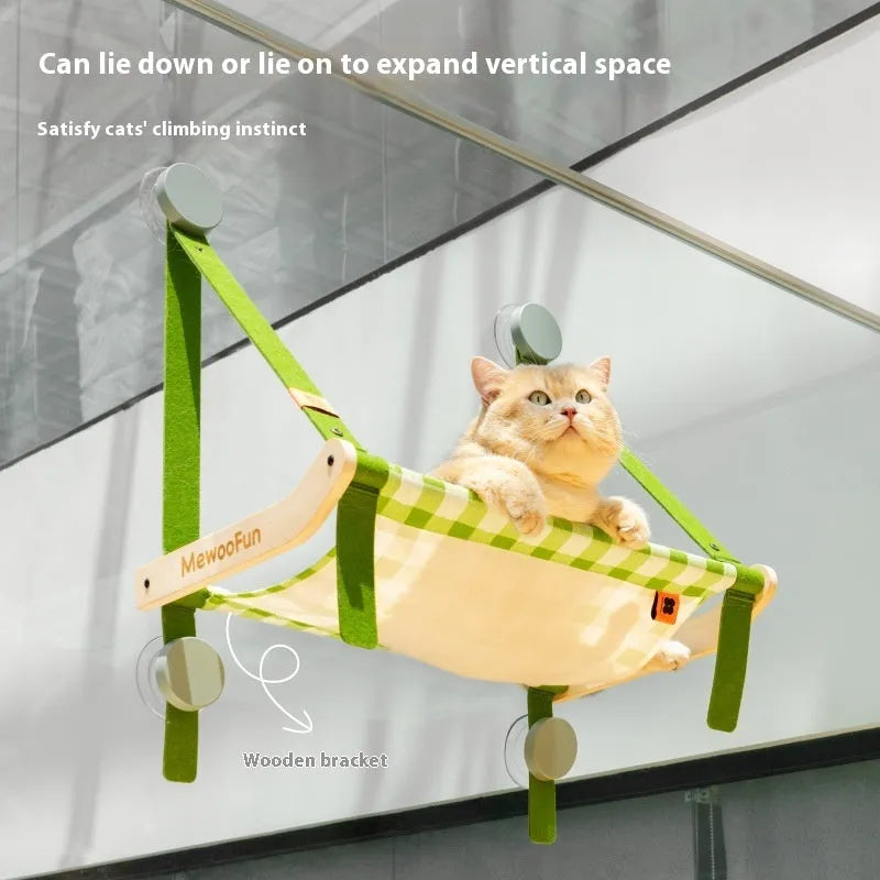 Cat hammock window sucker on glass balcony with metal frame in modern simplicity style
