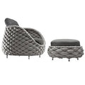 Outdoor patio lounge sofa coffee table set with PE rattan weave, aluminium frame, and high-density sponge cushions.