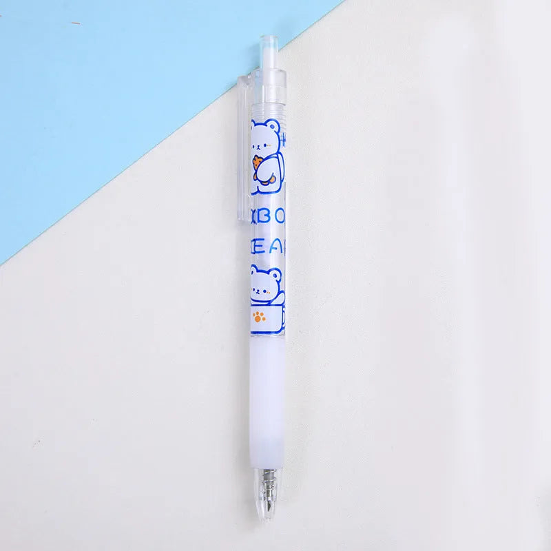 Six colourful press pen knives with bear and rabbit character toppers on a white background
