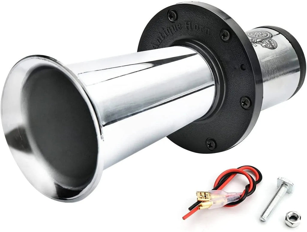 Black automotive horn with silver finish for 12V vehicle installation