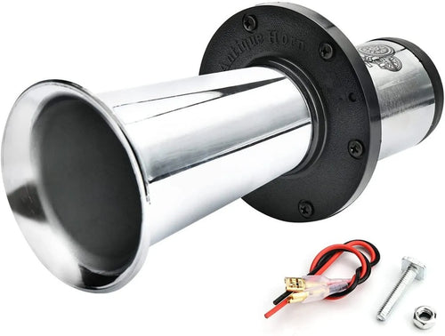Black automotive horn with silver finish for 12V vehicle installation