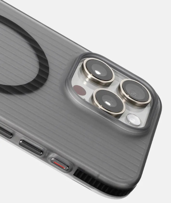 Transparent black magnetic phone case with striped anti-slip bar for iPhone 13, 14, 15 models.