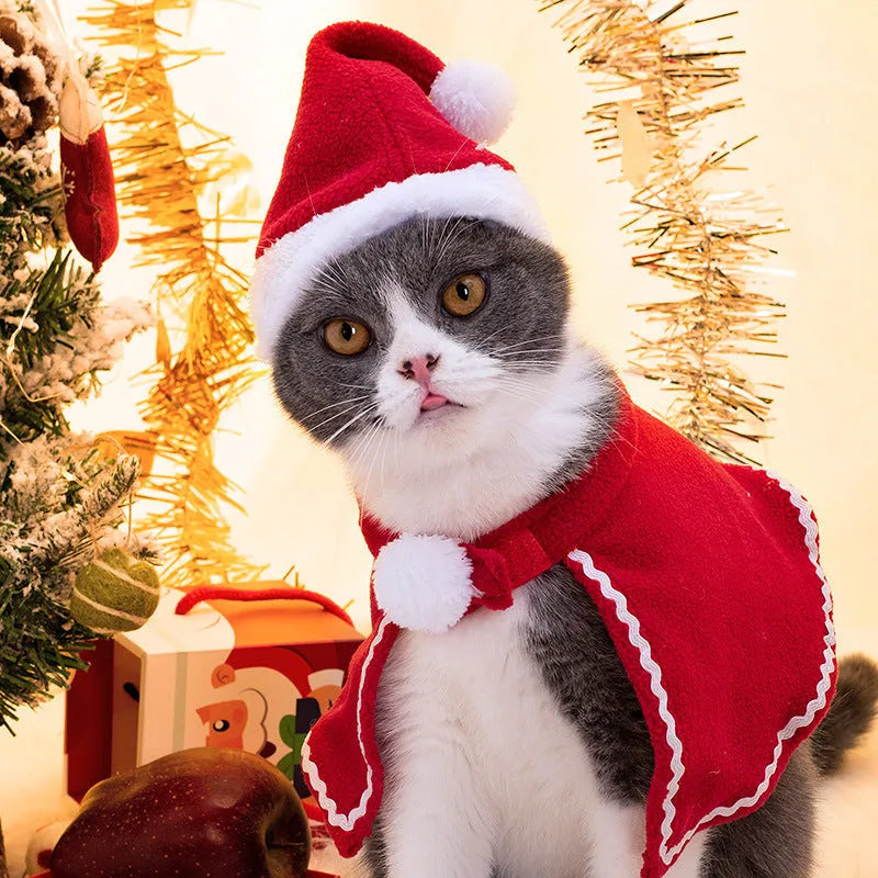 Red polyester pet Christmas suit with hat and cloak for cats and dogs, woven plain weave, embossing, sizes S M L