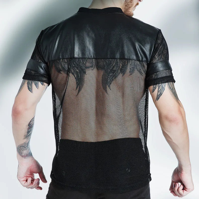 Black men's polyester mesh sports T-shirt with V-neck design and short sleeves