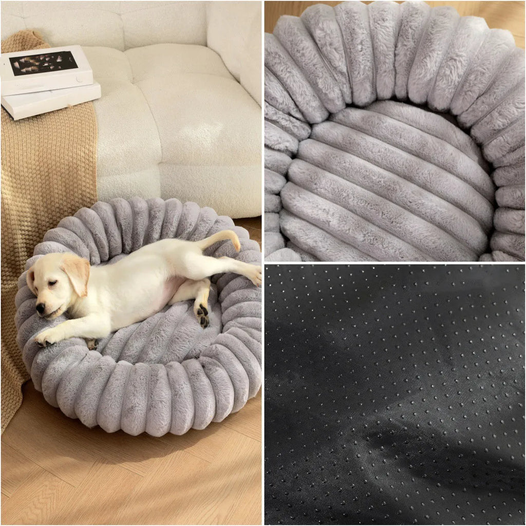 Soft beige rabbit plush round pet bed with high sides forming a nest, shown on a wooden floor.