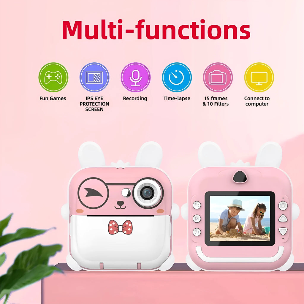 Q5 Polaroid children's digital cartoon camera in pink rabbit design with lanyard on a white background