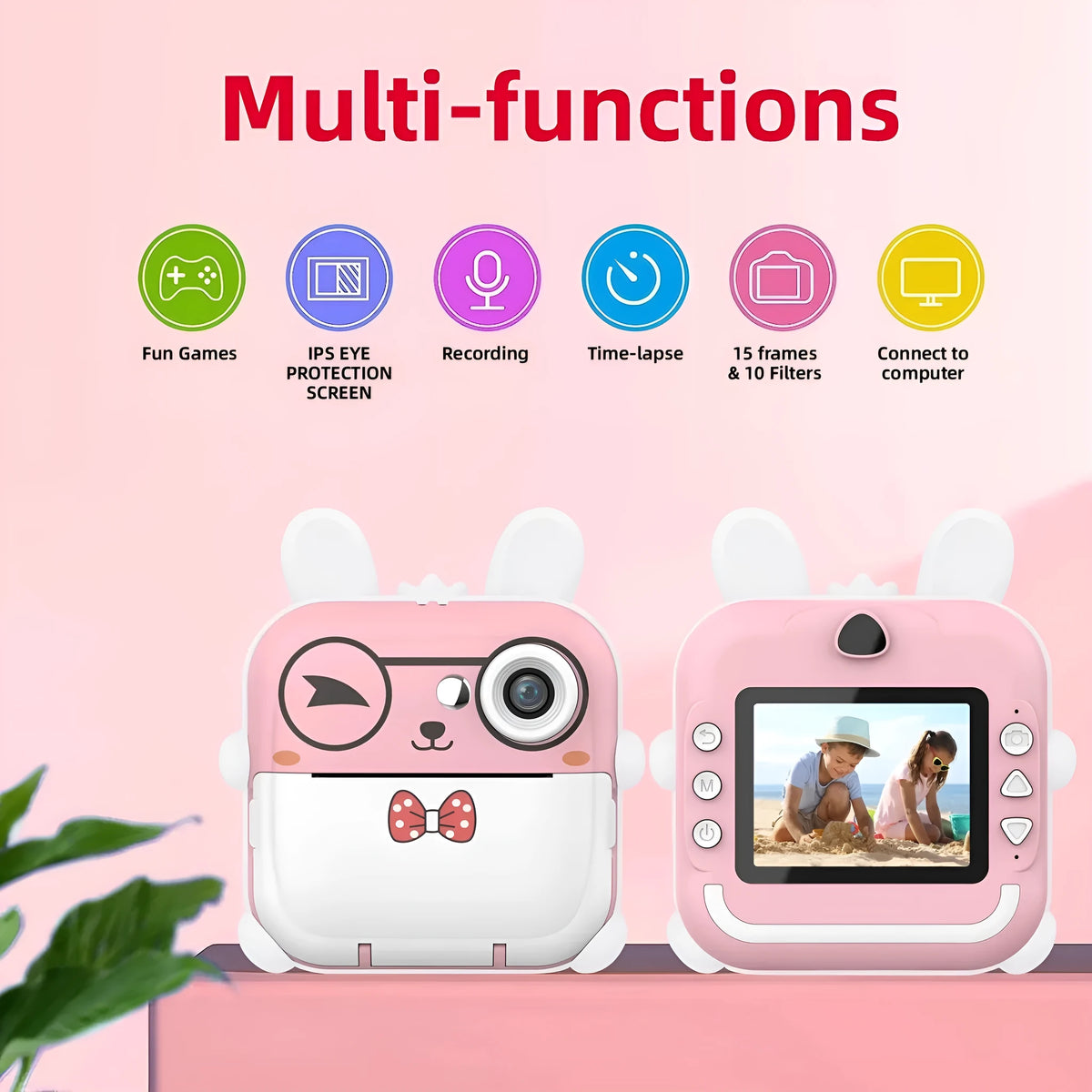 Q5 Polaroid children's digital cartoon camera in pink rabbit design with lanyard on a white background