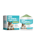 Pet dental cleaning powder 100g tub with mint and green tea for cats and dogs on a wooden table