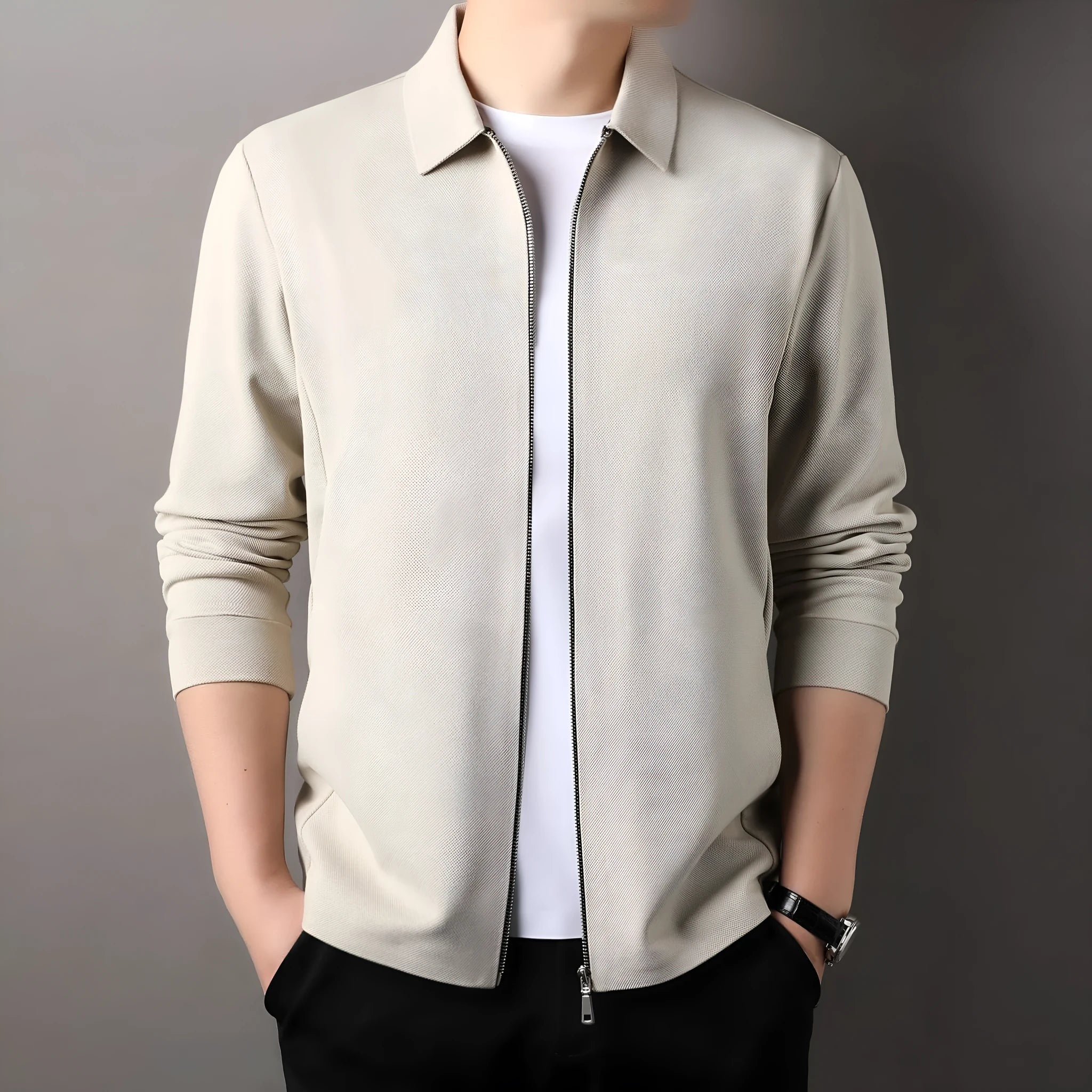 Men's apricot polyester business casual jacket with long sleeves and straight hem.