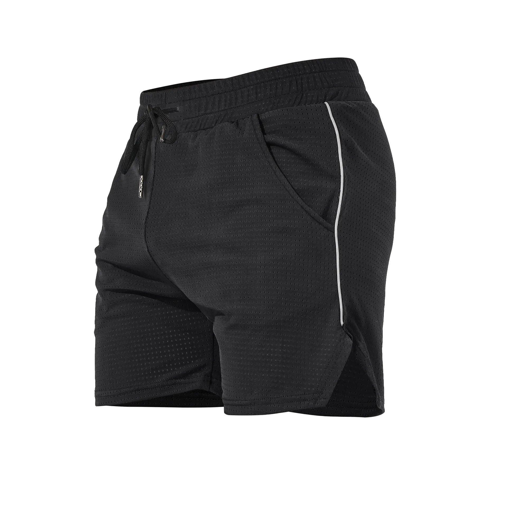 Man wearing straight-cut black polyester fitness shorts for sports and casual activities.