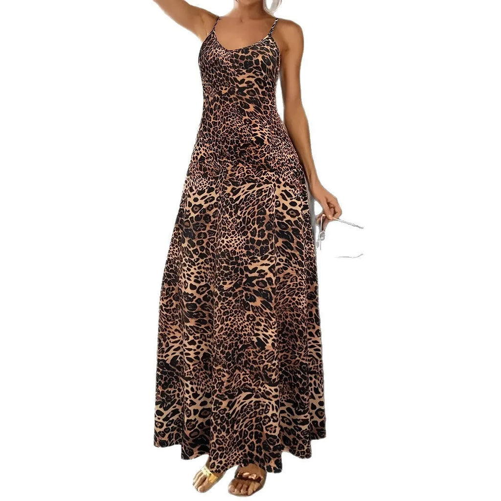 Dark brown leopard print women's dress with round neck, sleeveless design, and long hip skirt.