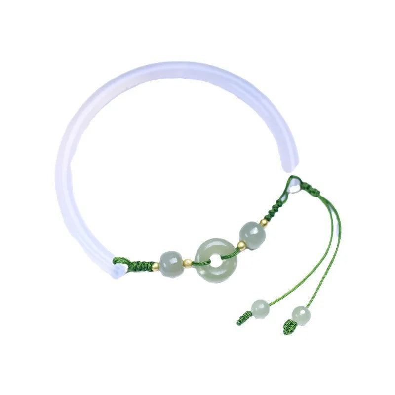 Hand-woven half bracelet with Hetian jade beads and peace buckle clasp in white agate colour
