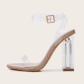 Apricot women's high heel sandals with glass heel and round toe design with buckle closure