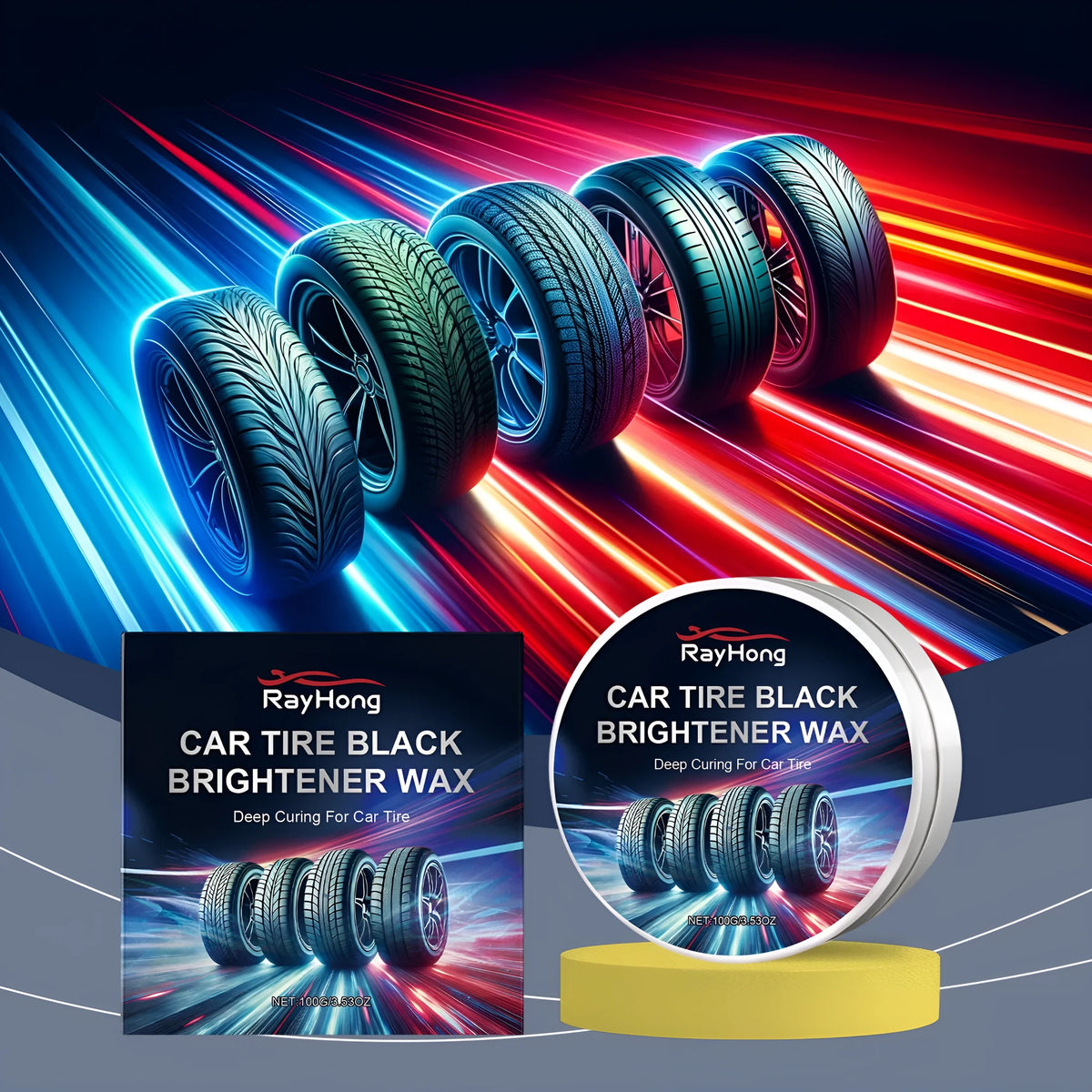Car tyre polishing paster with beeswax and silicone oil in 100g block, plus sponge applicator for tyre restoration
