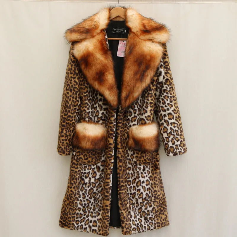 Women's long leopard print artificial fur jacket with regular sleeves for street fashion wear
