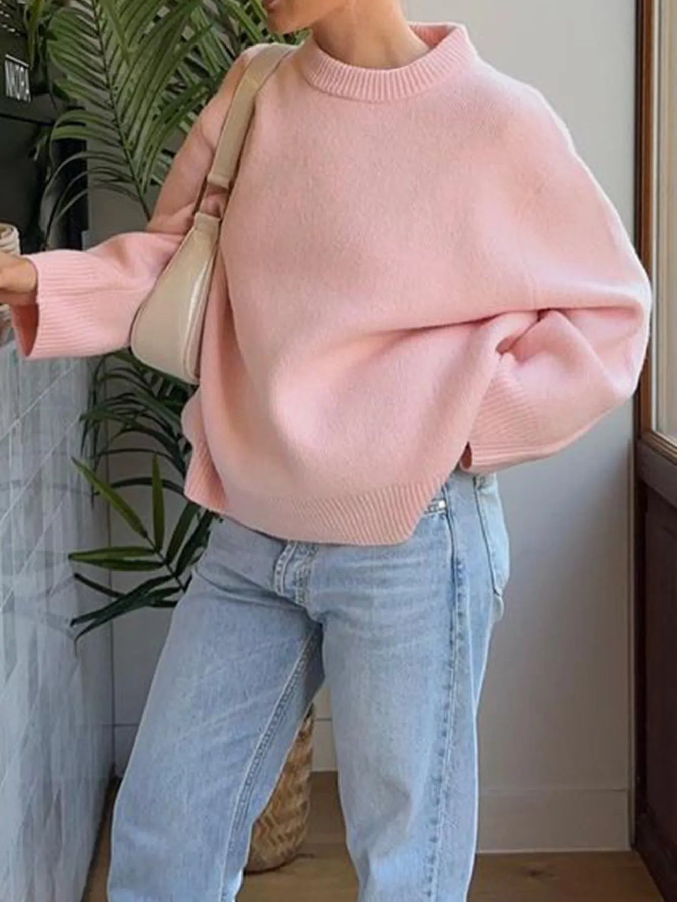 Casual polyester long-sleeved solid colour pullover sweater for women, available in multiple colours and sizes S to XL