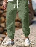 Men's straight leg summer trousers with elastic waistband in Army Green colour
