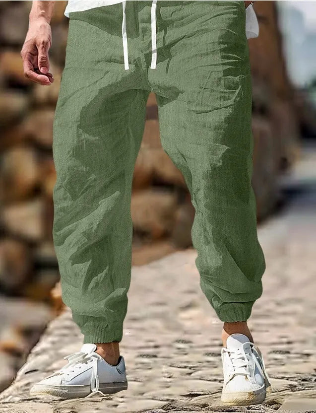 Men's straight leg summer trousers with elastic waistband in Army Green colour