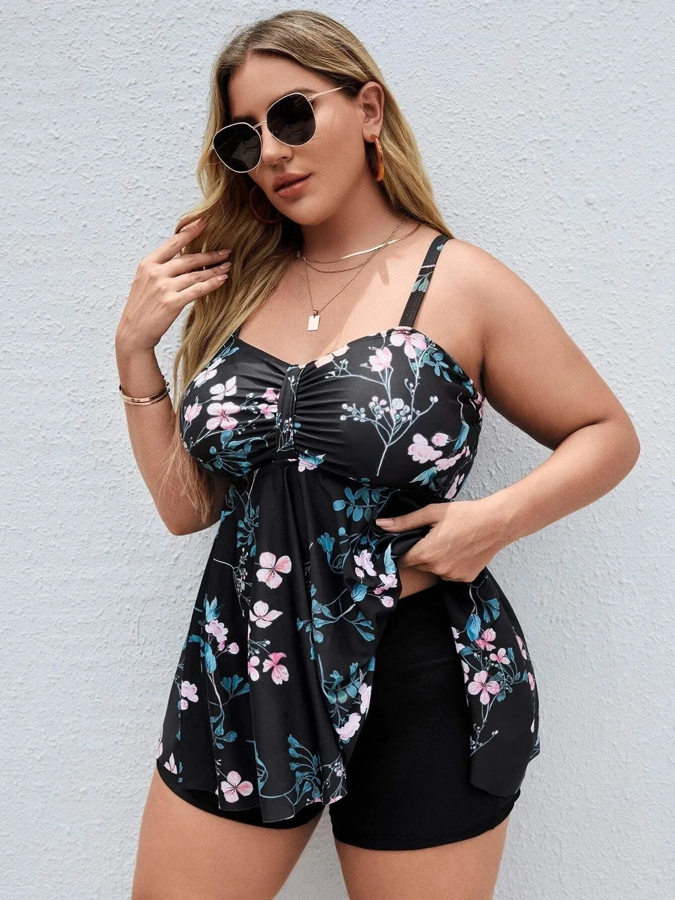 Women's one-piece swimsuit with split colour floral printing pattern in high elasticity fabric