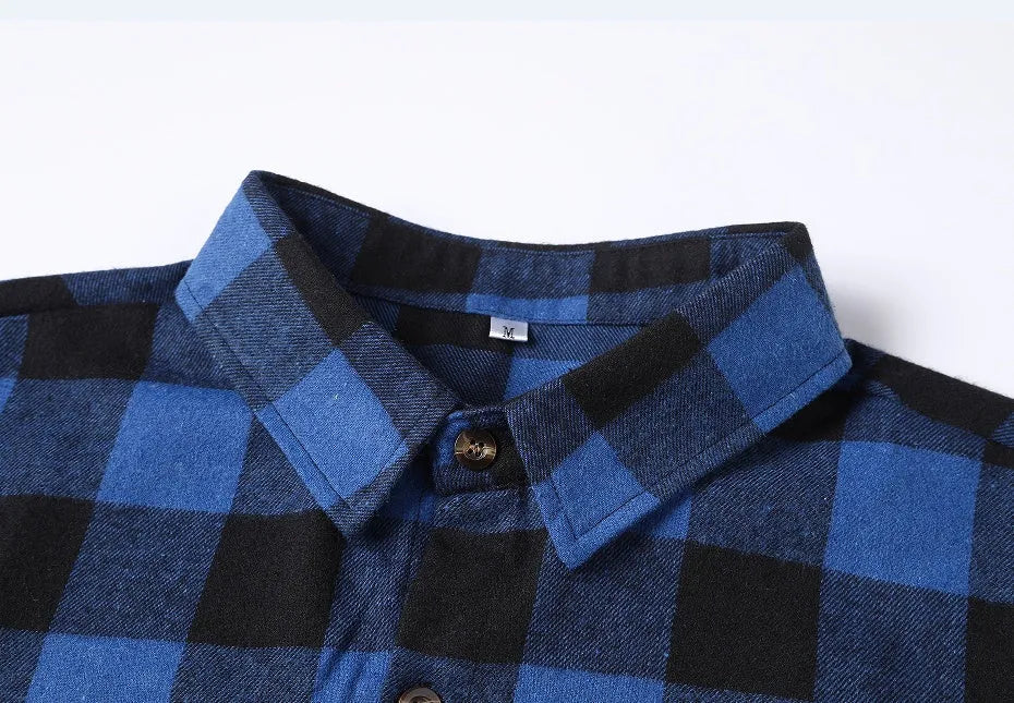Dark blue and black long-sleeved checked shirt with double chest pockets and lapel collar for men, shown from front, autumn casual wear
