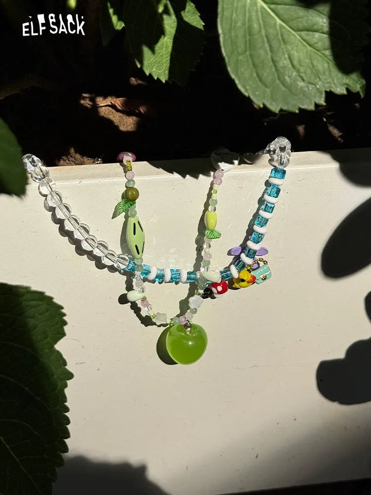 Colorful pendant beaded necklace with resin flowers and crystal on alloy chain in green apple green option
