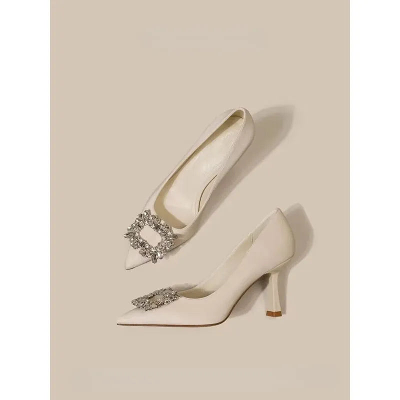 Women's French pointed stiletto high heels in creamy-white or black, low-top formal pumps with 3-5cm heel