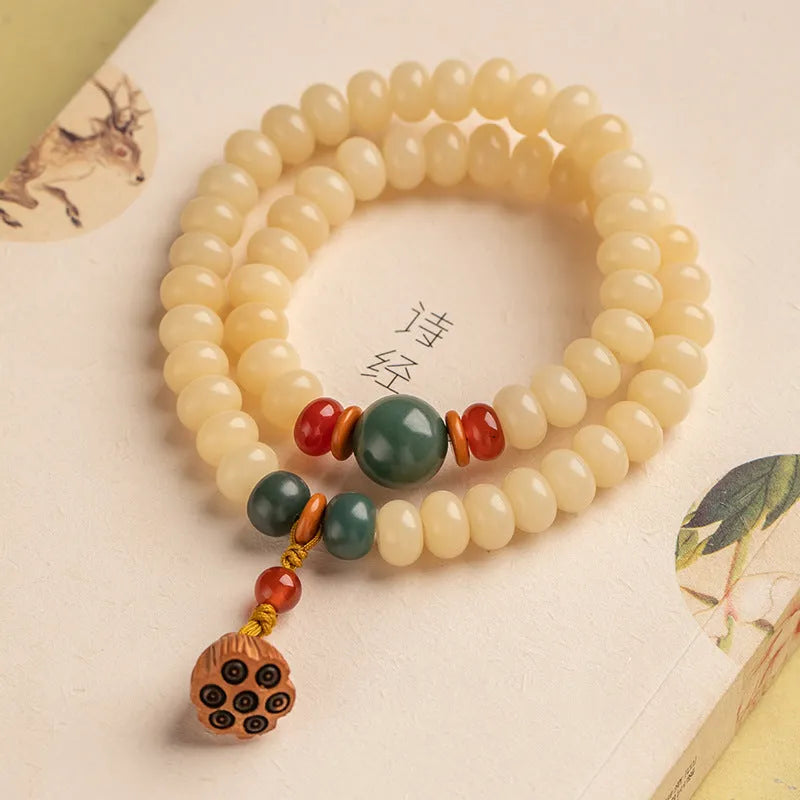 Milk butter Bodhi wooden bracelet with 6x9mm flat round beads and double ring design