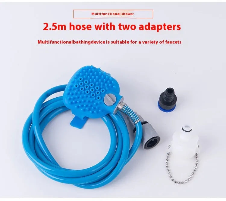 Hand-held silicone dog bath brush with built-in nozzle for outdoor pet shower
