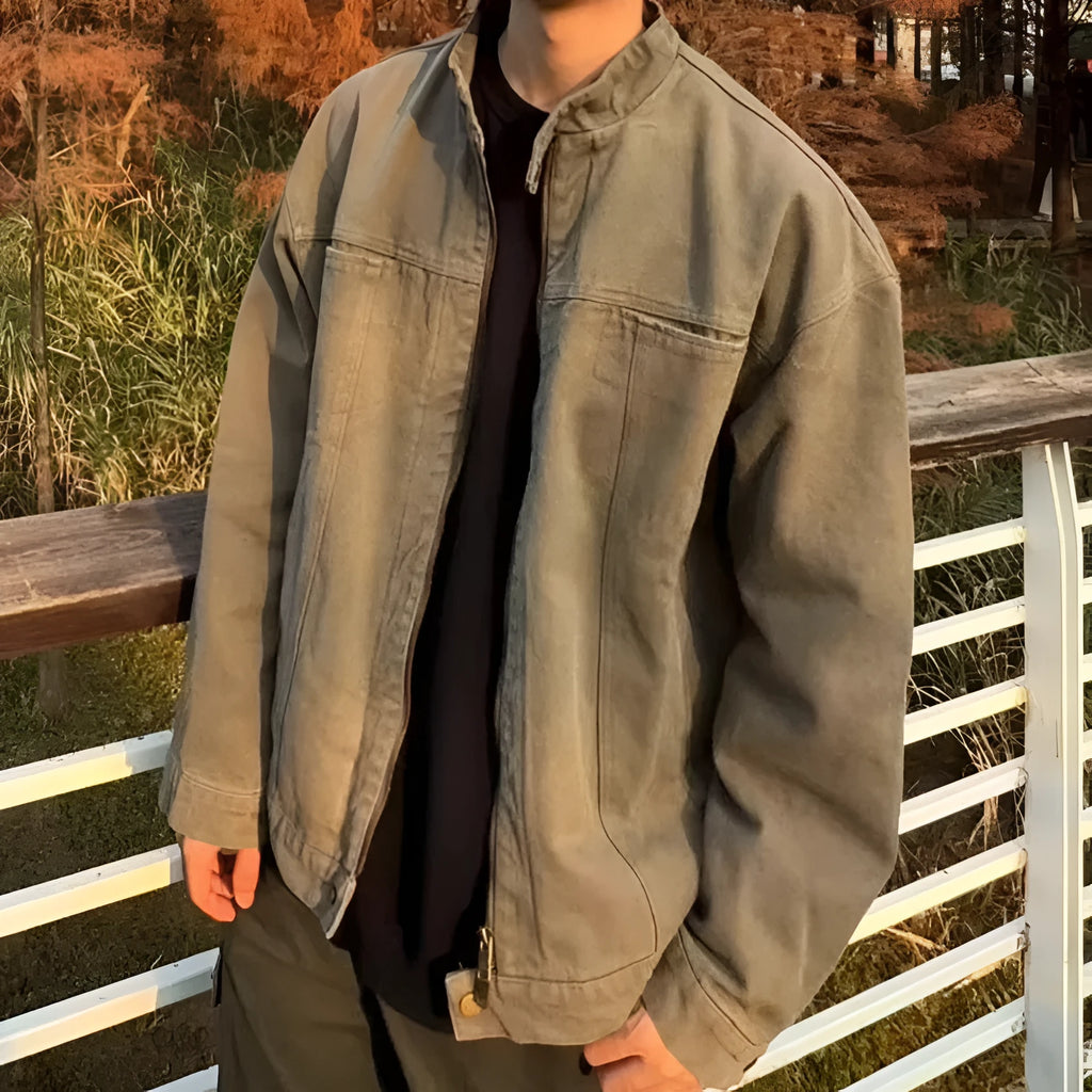 Men's stand collar overalls jacket in army green or khaki, loose fit, long sleeve, sizes M to XXXL
