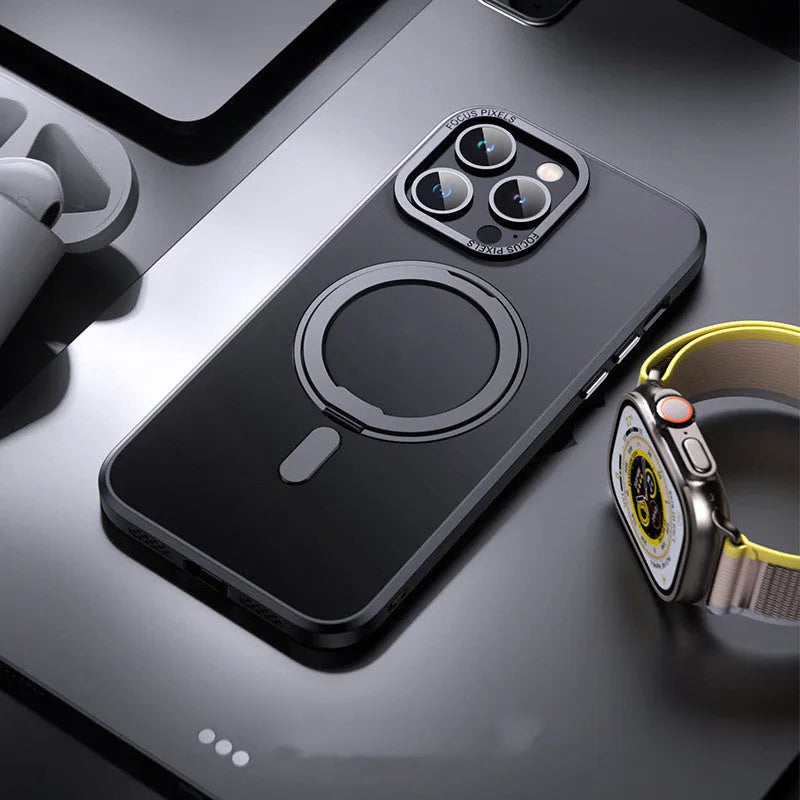 Transparent iPhone case with a magnetic bracket on a grey background.