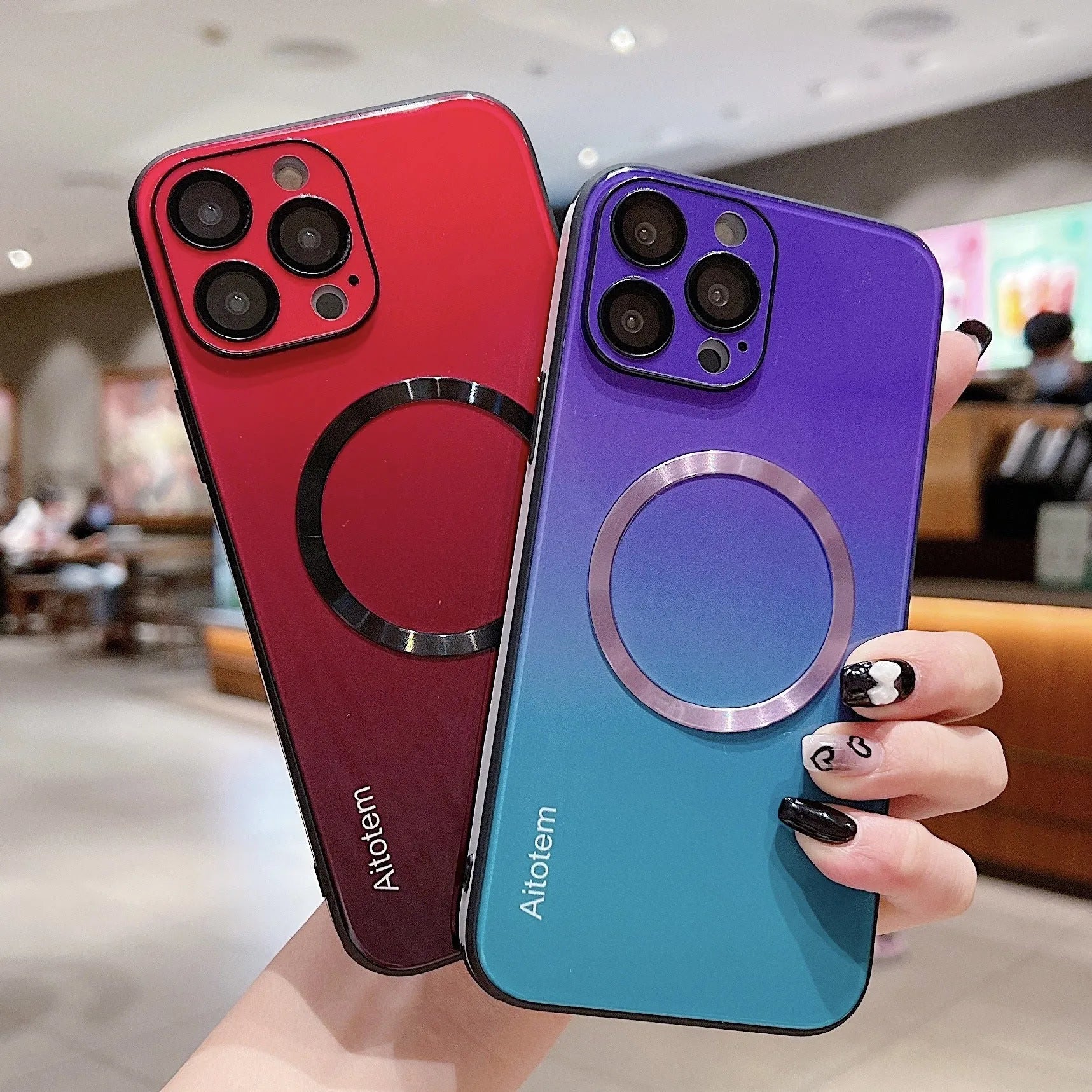 Magnetic gradient phone case with mirror finish for iPhone, featuring fall-resistant TPU glass metal construction