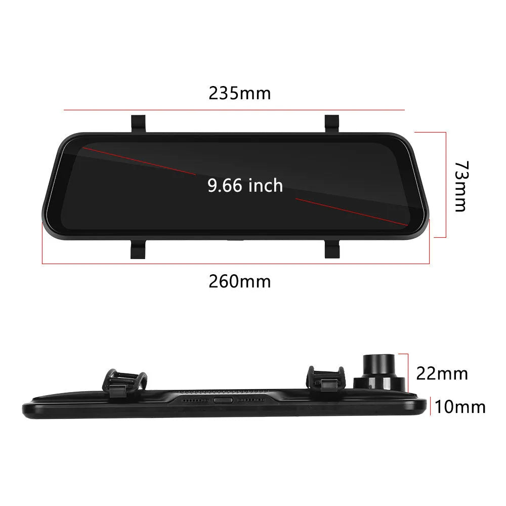 9.66-inch touchscreen car dash cam rear view mirror with CarPlay and Android Auto display