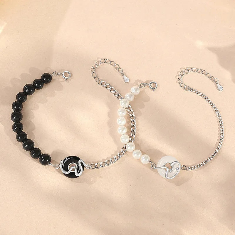 New Chinese style 925 sterling silver couple's bracelet with obsidian pearl, zodiac design, and safe buckle.